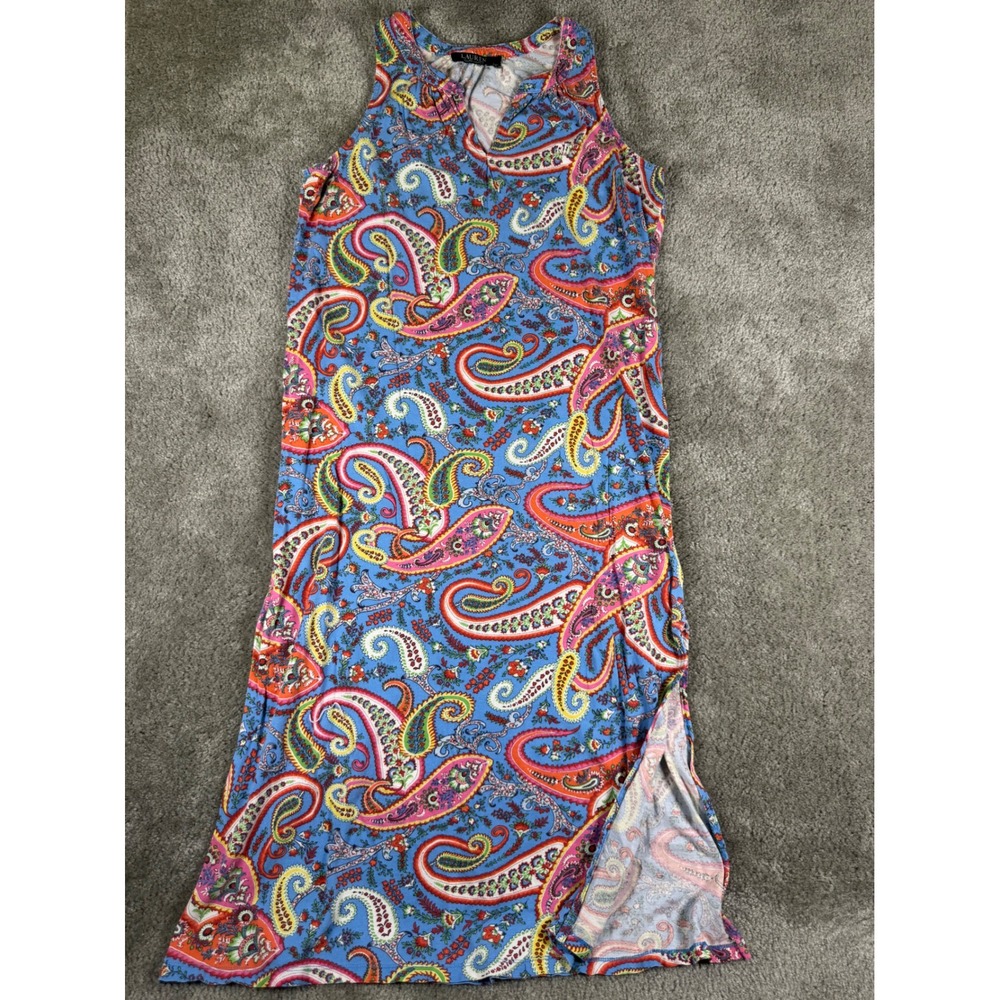 Lauren Ralph Lauren Blue Paisley Sleeveless Maxi Dress Small Side Slit Jersey